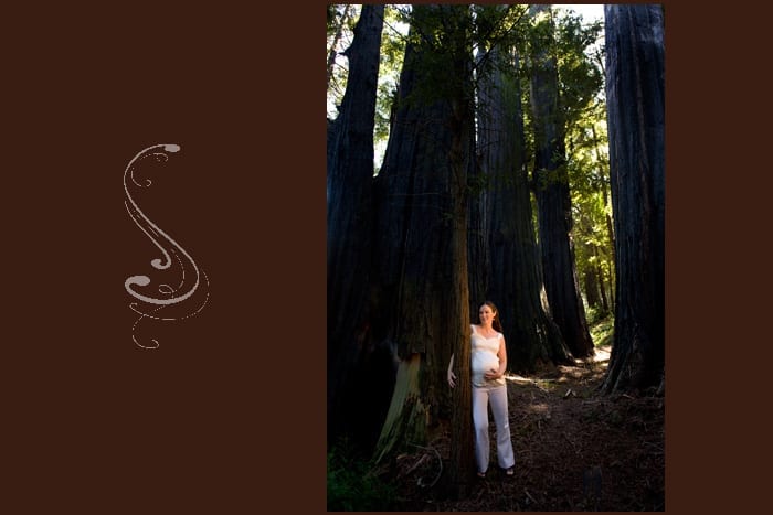 Nanette in the redwood grove next to their house in the Santa Cruz Mountains, 7 months pregnant.