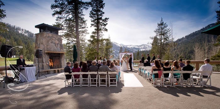 Alicia and Jason's ceremony was on the Spa Deck at the Resort at Squaw Creek. A new feature added for this season is the outdoor fireplace, and yes that is a real fire burning