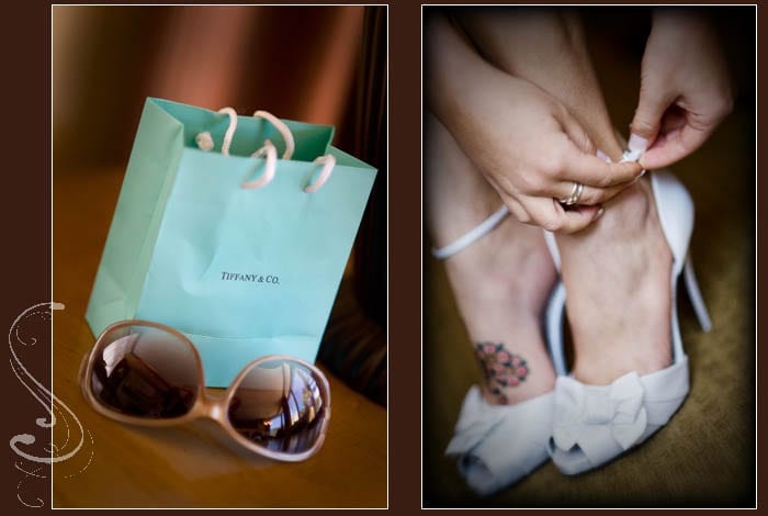 Alicia and Jason's color scheme showcased Tiffany blue / Alicia buckling her shoes, I just love incorporating people's tattoos in to photographs!