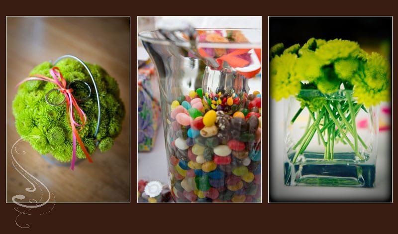 From left, the rings were displayed on a tin basket with ribbon and spring flowers, kids (and adults!) could scoop jelly bellies into a bag as their party favors, one of the 3 different styles of table arrangements.