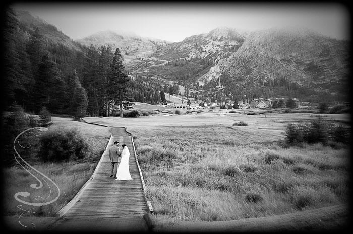 The bridge heading out onto the golf course is always one of my favorite stops for portriats like this one of Kristen and Colin that set the scene for their Resort at Squaw Creek wedding