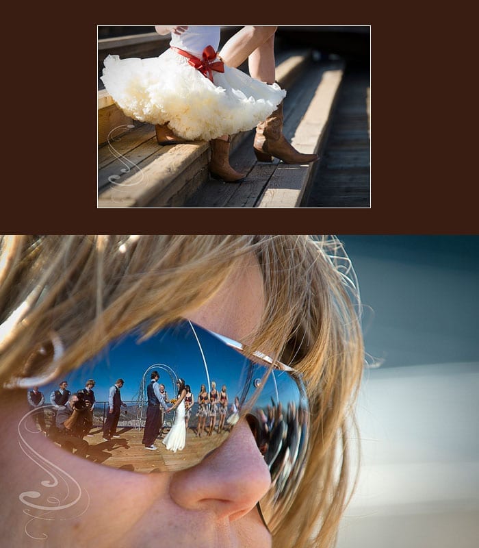 Even the flower girl wore cowboy boots for this wedding. Michelle and Robert exchange vows, reflected in mom's sunglasses.