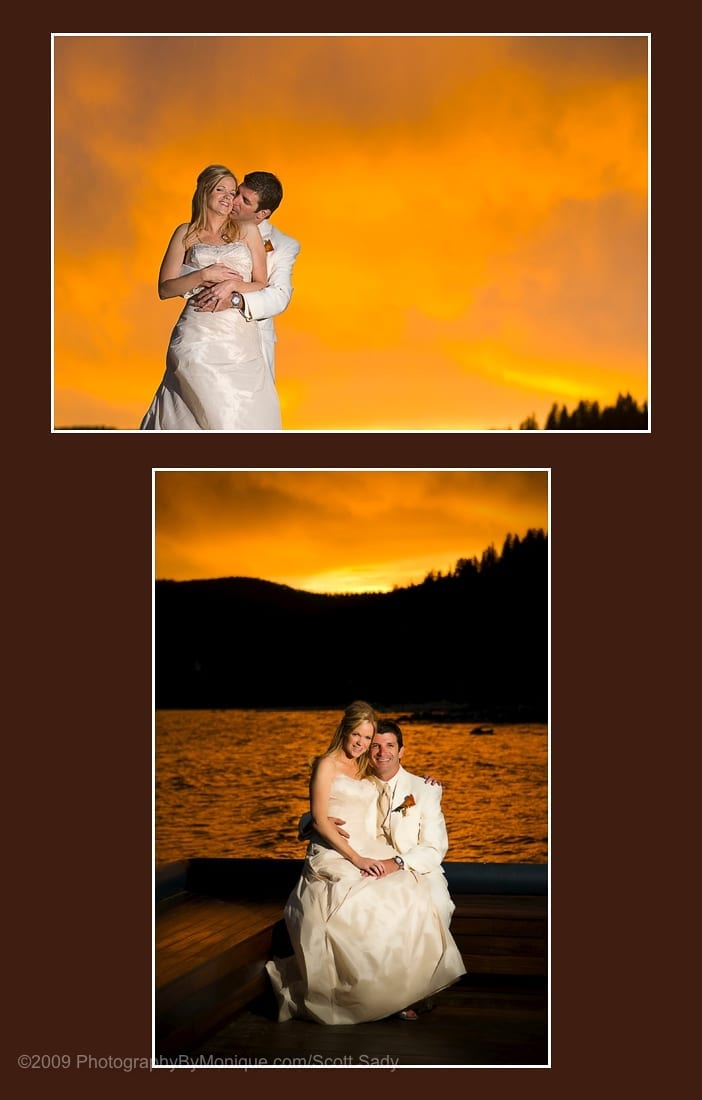 A spectacular golden sunset over lake tahoe made us rush out on the pier for a few more quick wedding portraits as the sun set.