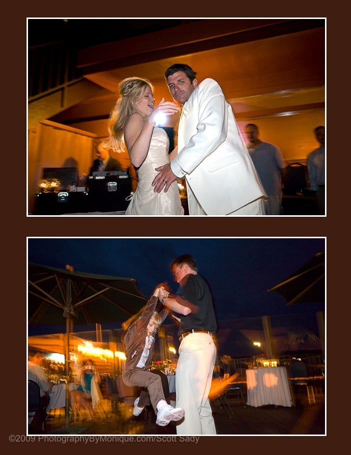 Dancing the night away during the wedding reception on the deck at Captain Jon's on the north shore of lake tahoe