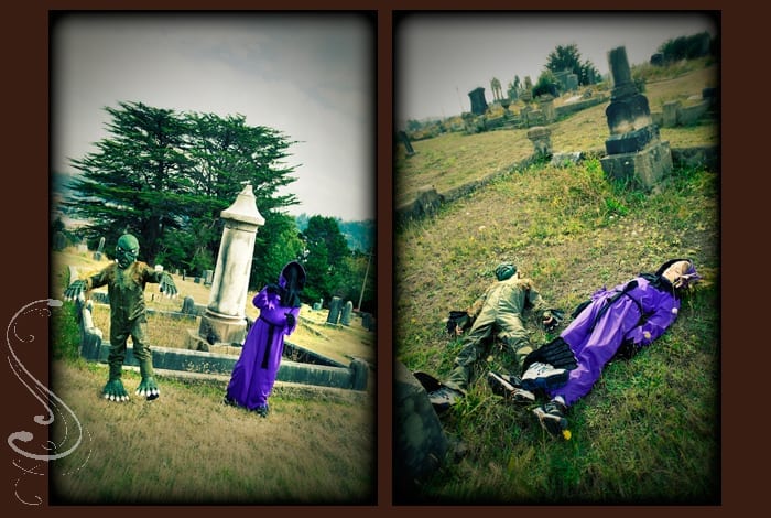 Ethan and Henly having some fun acting out their Halloween characters in the old, overgrown Pioneer Cemeterey in Coos Bay, Oregon.