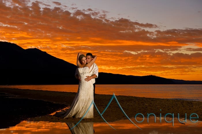 bride and groom at sunset lake tahoe