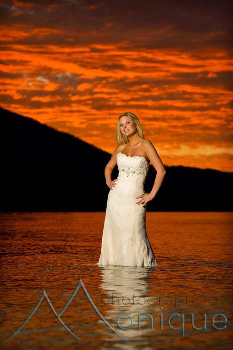 bride in lake tahoe at sunset