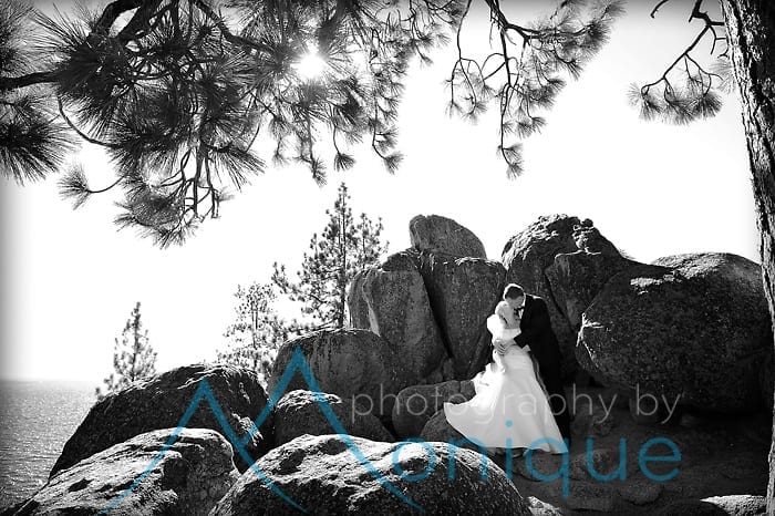 Bride and groom on granit rocks