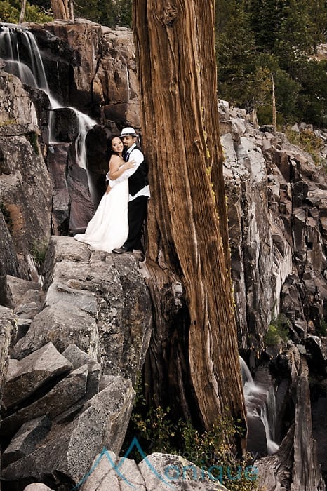 couple by waterfall and redwood tree in lake tahoe
