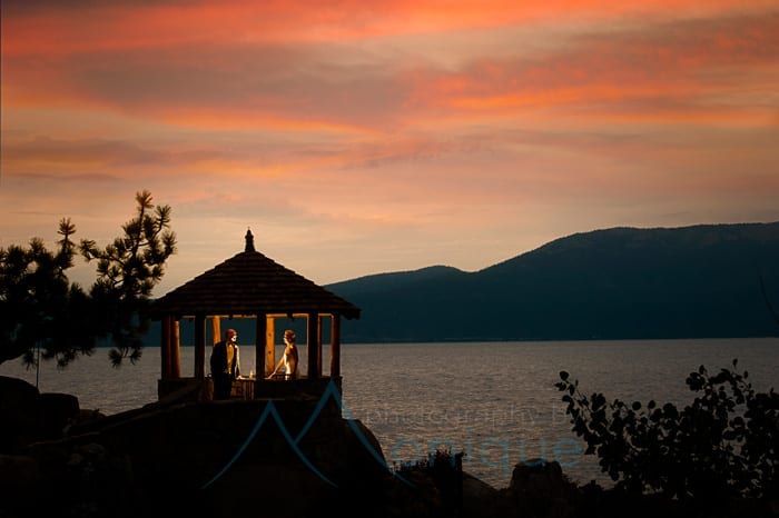 sunset wedding picture at thunderbird lodge on Lake Tahoe