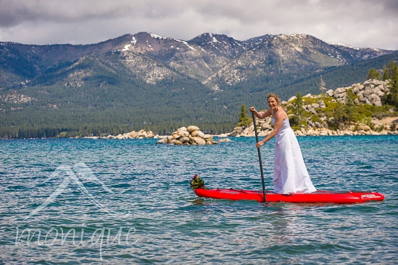 Bridal portrait on SUP in lake tahoe