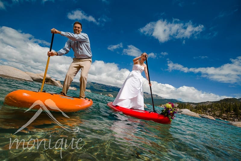 bride and groom on SUPs in Lake Tahoe