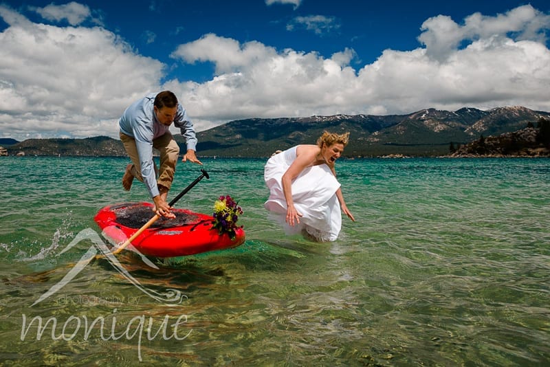 bride and groom fall into lake tahoe