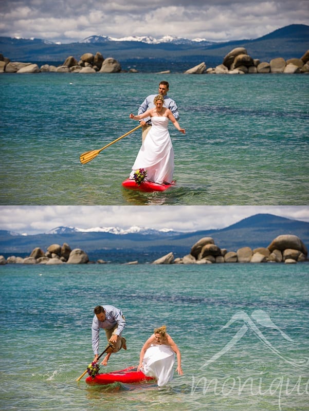 bride and groom falling off paddleboards in lake tahoe