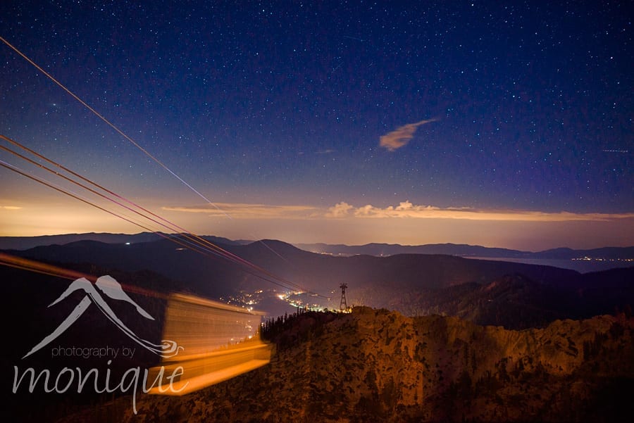Squaw Valley High Camp wedding photography reception tram at night with starry sky