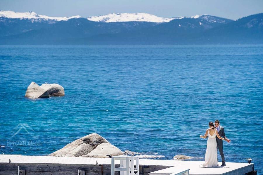 Liz and Rob enjoy some time on the pier at the Fairwinds Estate after their Lake Tahoe ceremony