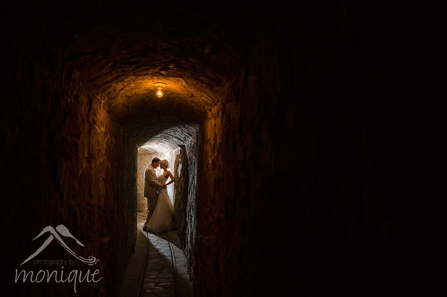 Bride and Groom inside the tunnel during their Thunderbird Lodge wedding at Lake Tahoe