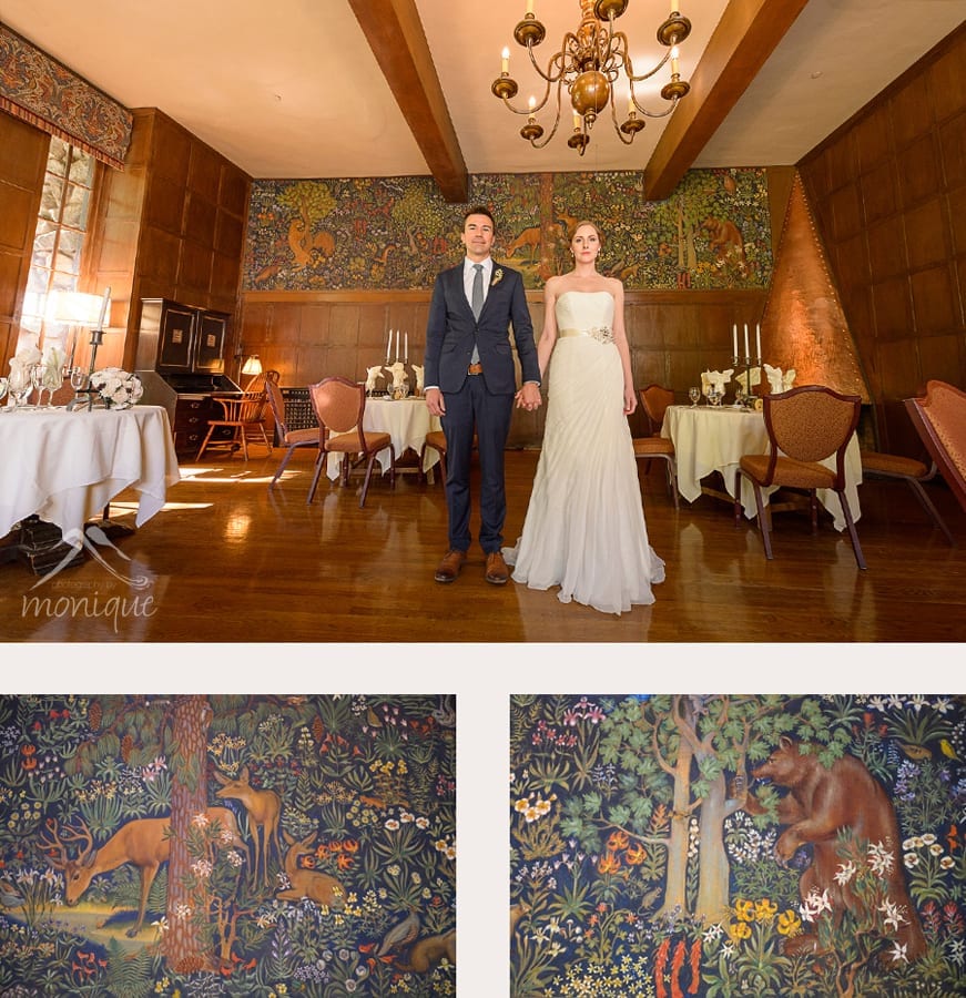 The panoramic mural in the Mural Room is a toile pente (painted linen) created by Robert Boardman Howard for the hotel’s opening in 1927. 