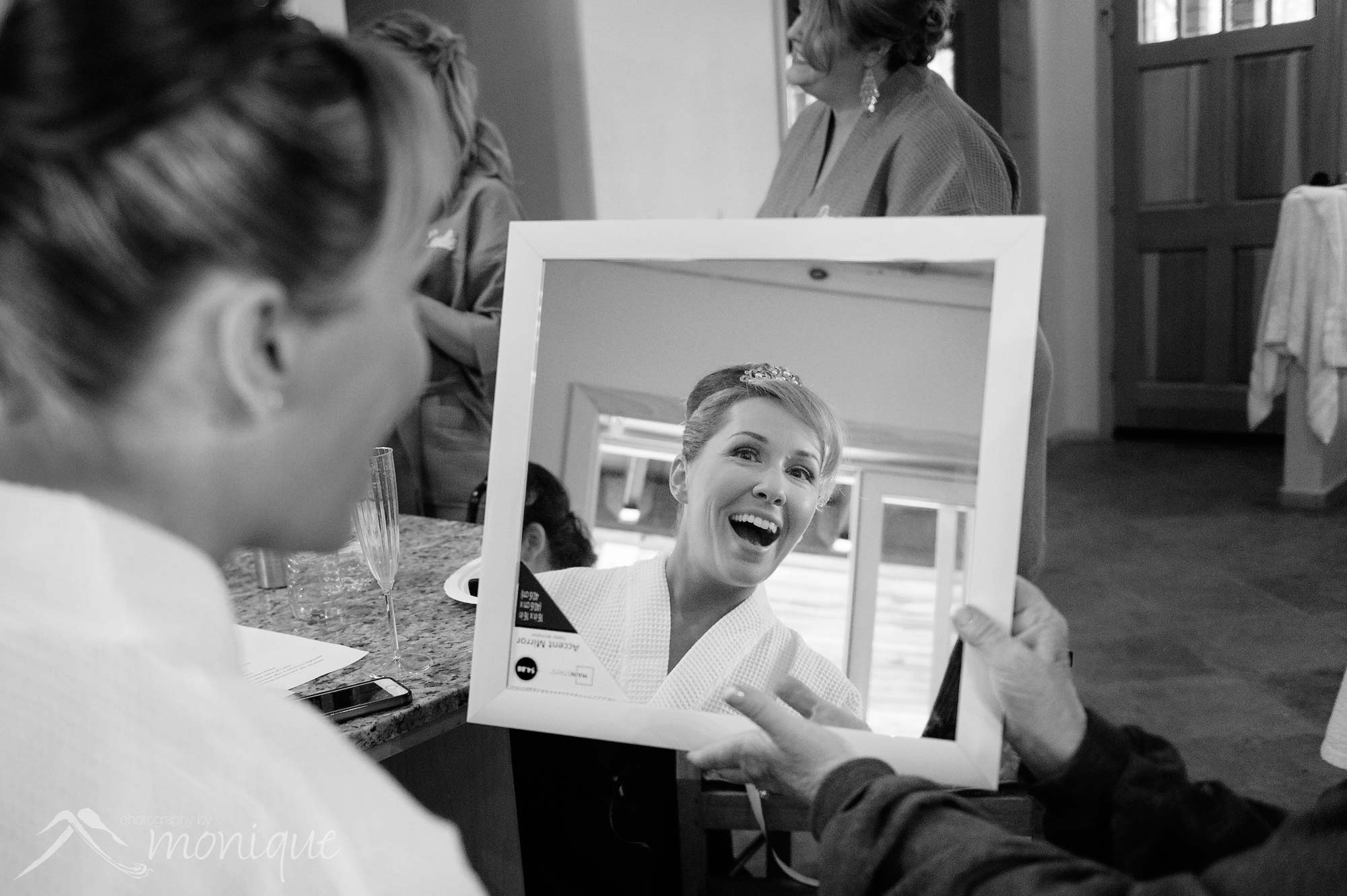 bride reaction in mirror