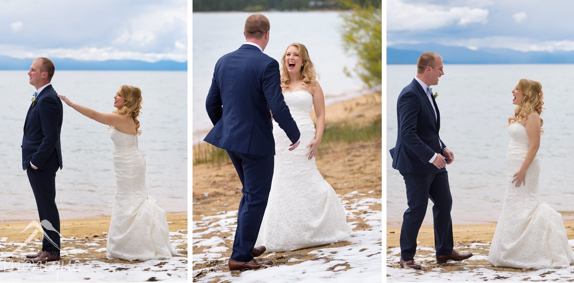 Lake Tahoe wedding photography sequence of the first look for an Edgewood bride and groom