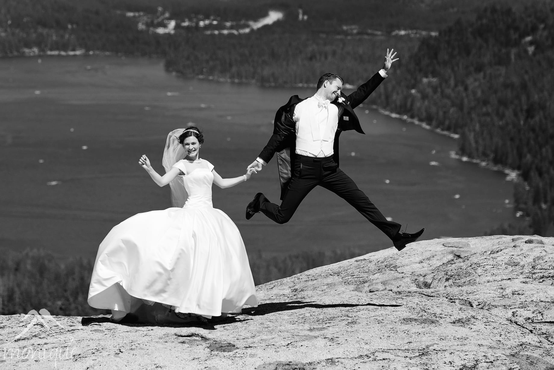 Sugar Bowl ski resort mountain top wedding in Truckee with the bride and groom overlooking Donner Lake by Photography by Monique