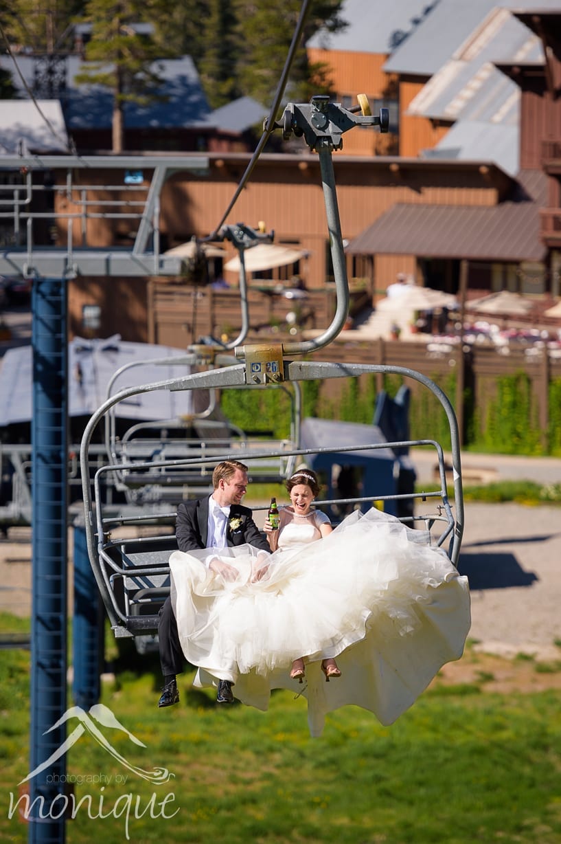 Sugar Bowl ski resort mountain top wedding in Truckee with the bride and groom riding the ski lift to the top of the mountain by Photography by Monique