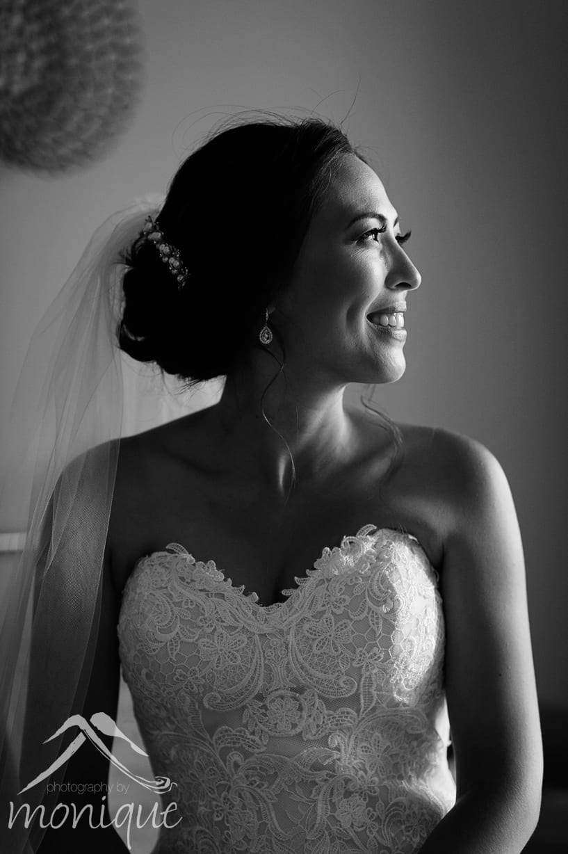 Beautiful black and white portrait of a bride at a Truckee wedding by Photography by Monique