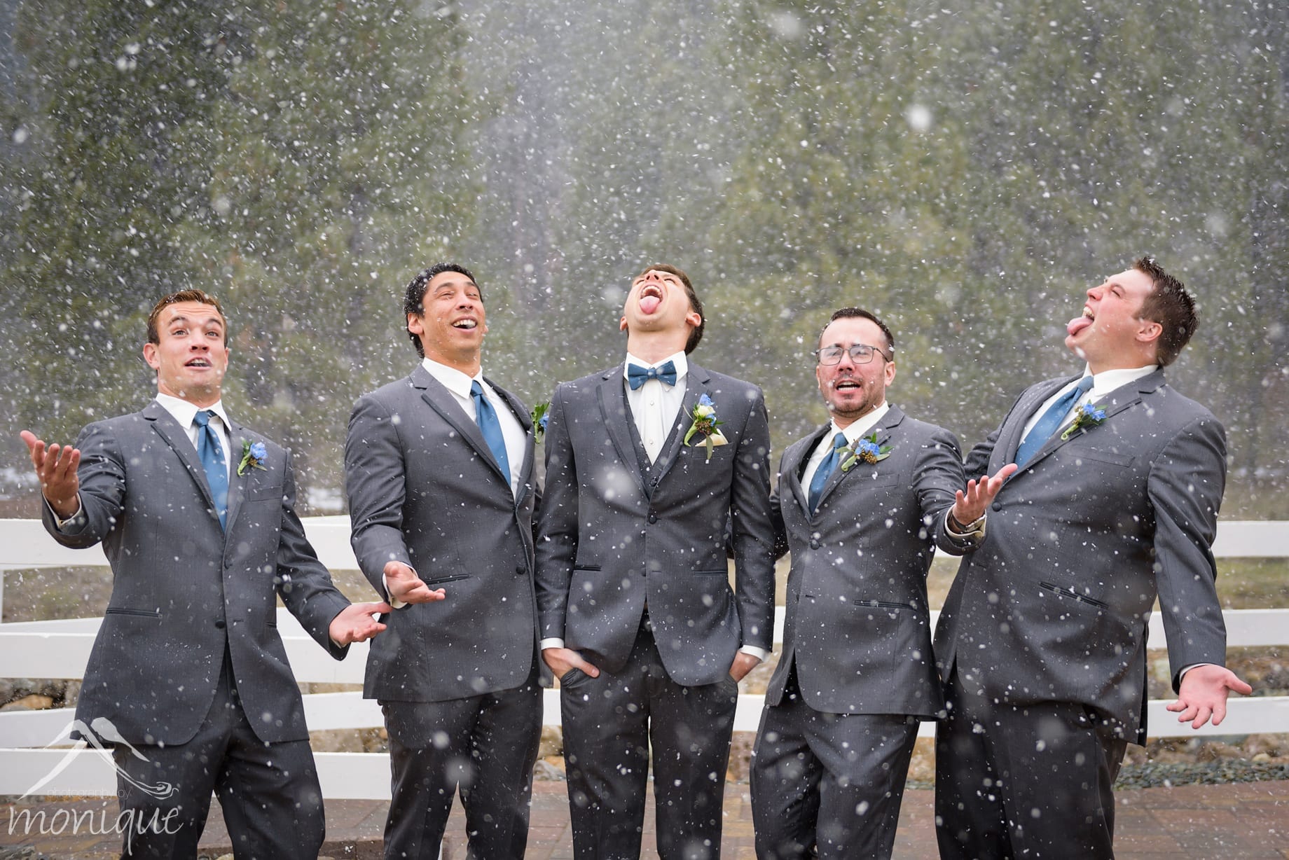 The Corner Barn wedding photography in Graeagle with the groom and groomsmen having fun in the snow storm, photography by Monique, weding photojournalism