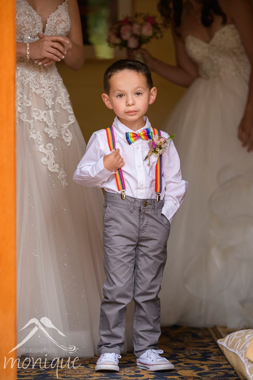 Twenty Mile House wedding photography, same sex weddings, ring bearer wearing rainbow tie and suspenders by Photography by Monique
