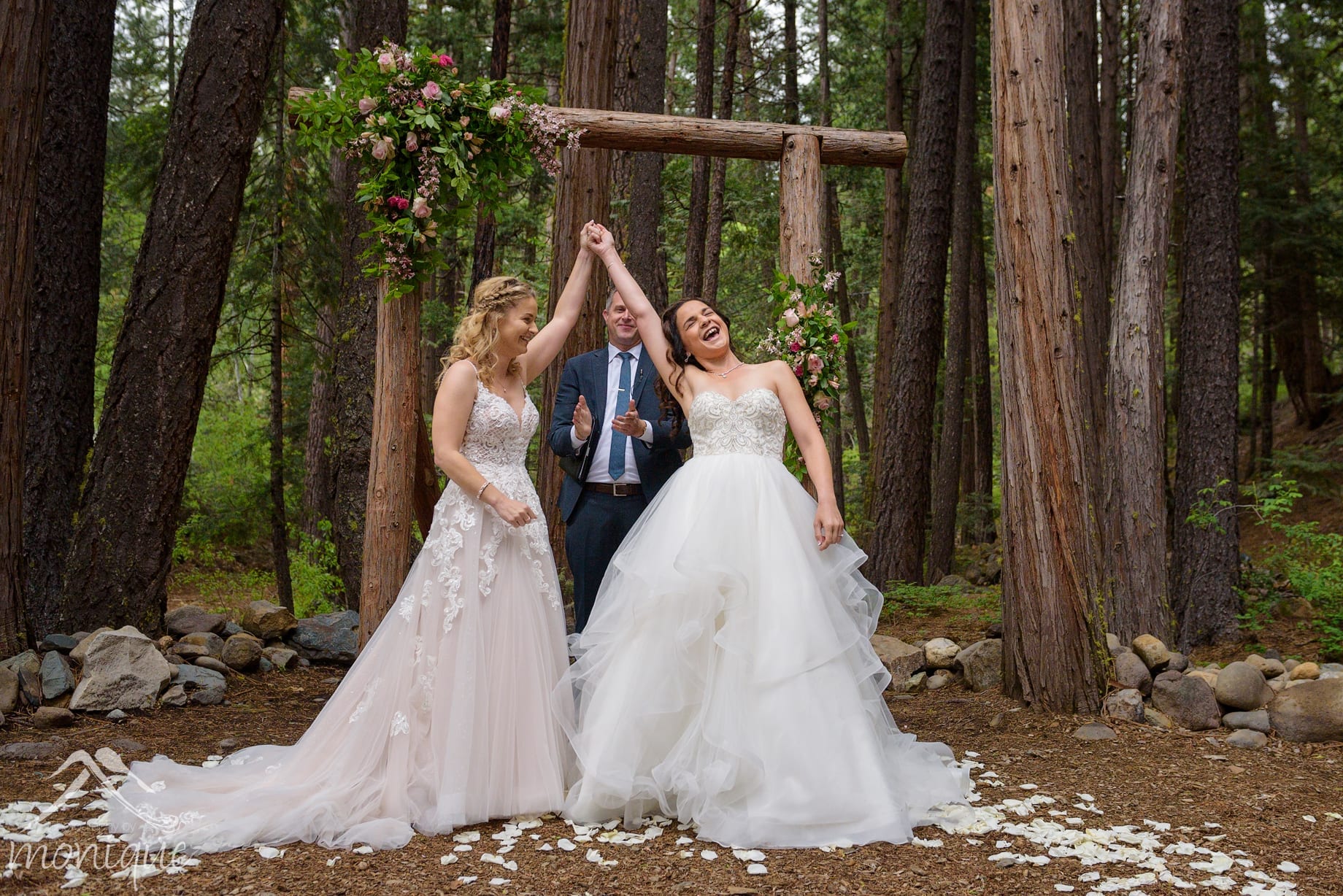 Twenty Mile House wedding photography, same sex weddings, two brides, ceremony in trees by Photography by Monique