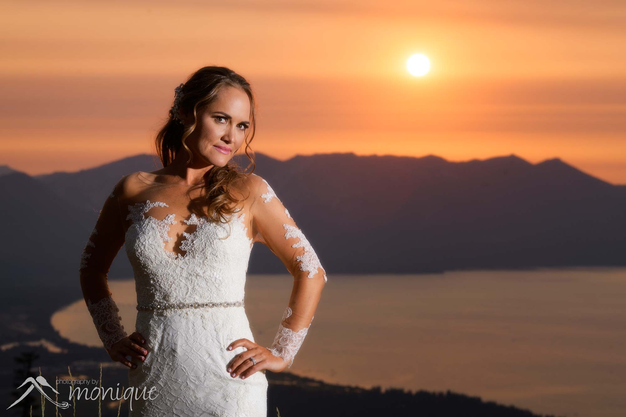 beautiful bride photographed at sunset at Heavenly Valley in South Lake Tahoe