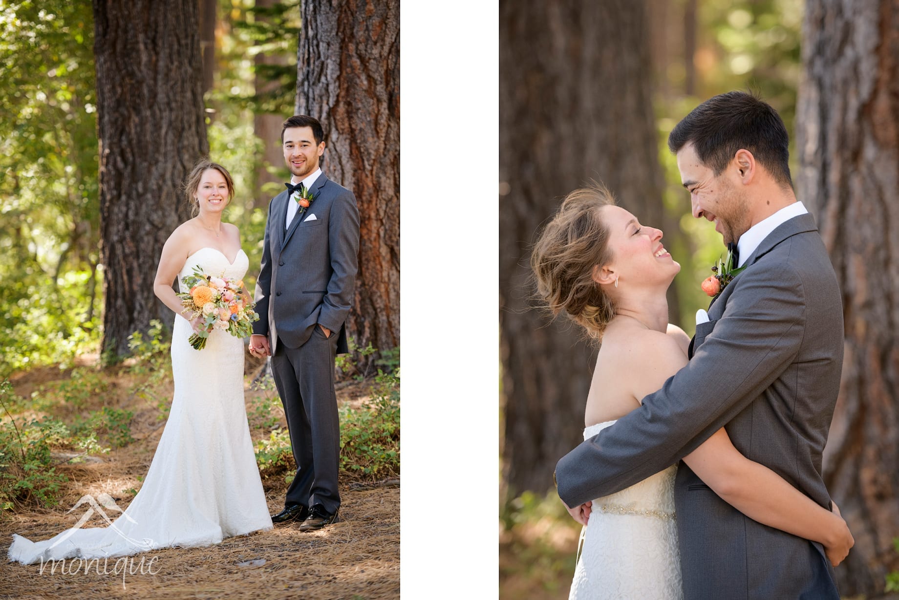 Truckee wedding photography at Lahontan Golf Club with two portraits of the bride and groom in the forest