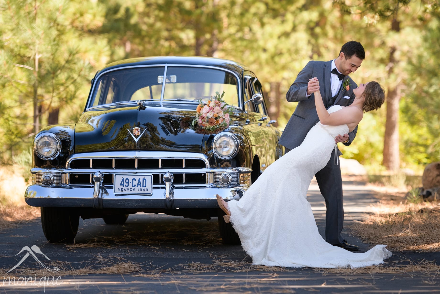 Truckee wedding photography at Lahontan Golf Club with a classic 1949 cadillac