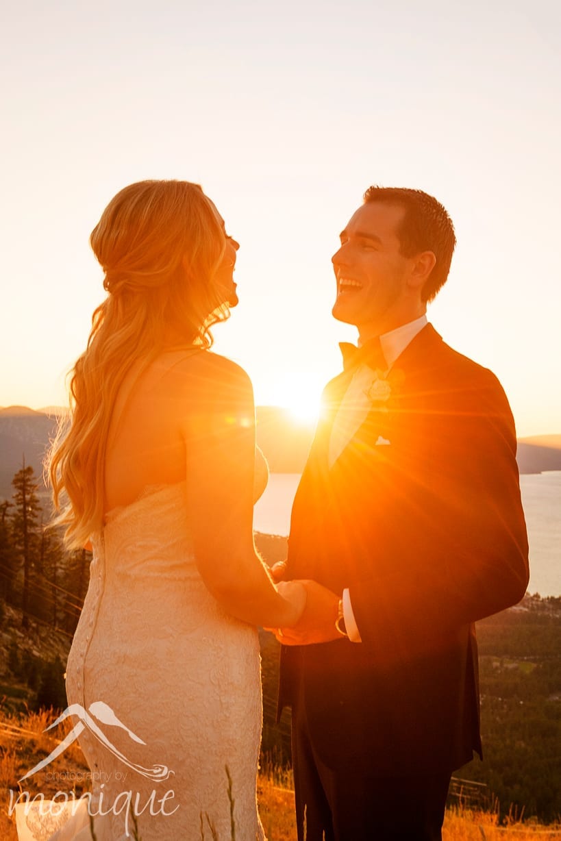 Heavenly Lakeview Lodge wedding photography at Lake Tahoe with the couple overlooking the lake at sunset