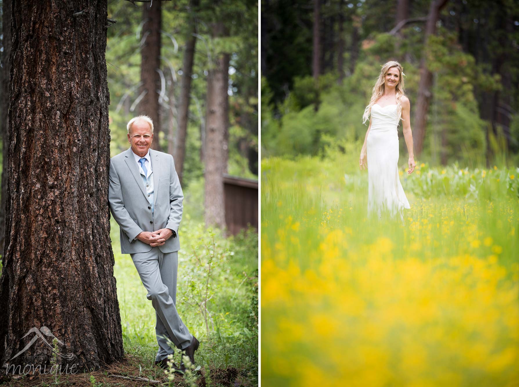 lake tahoe wedding portraits of bride and groom in yellow flowers