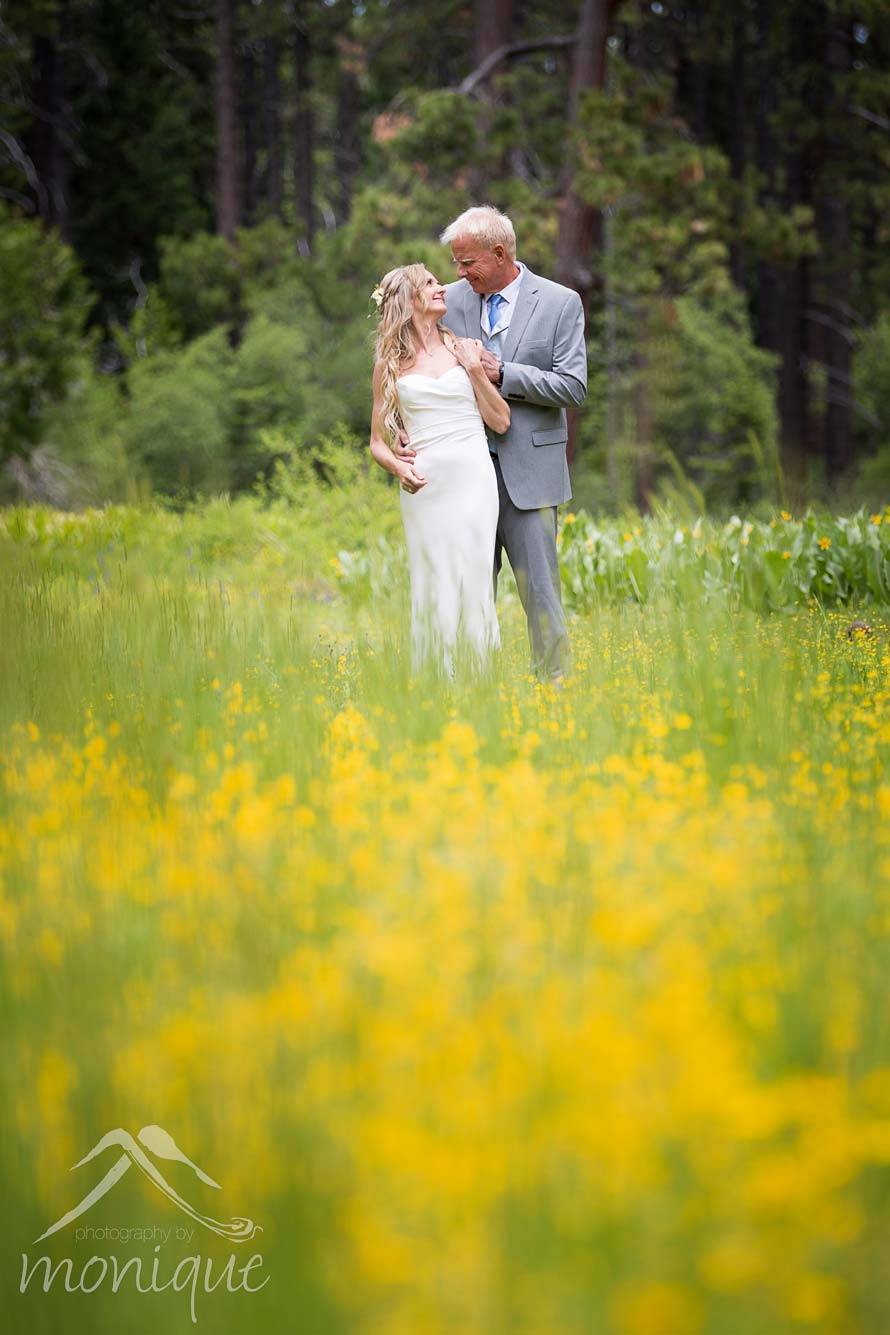 lake tahoe wedding portraits of bride and groom in yellow flowers