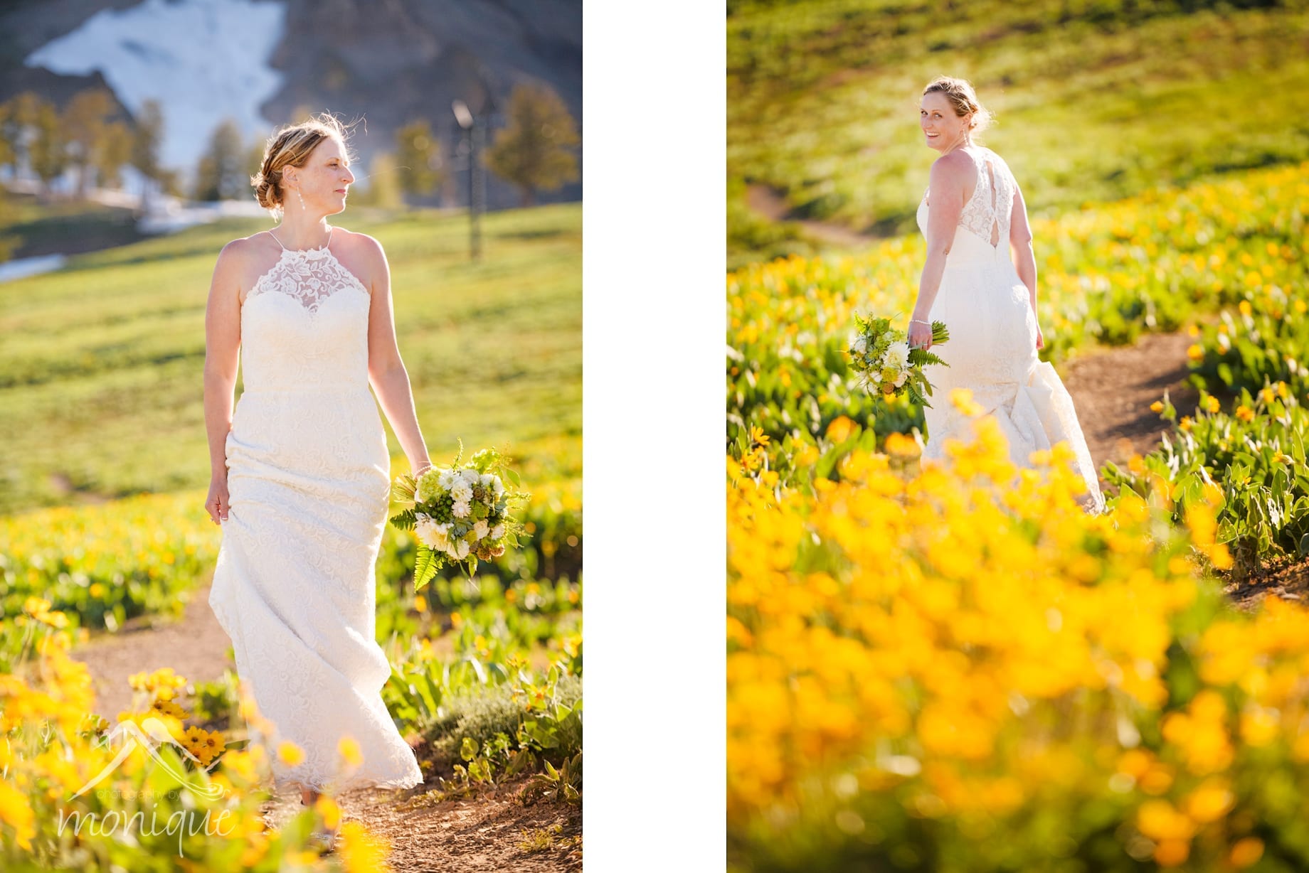 Squaw Valley High Camp wedding photography with the bride walking through yellow wild flowers