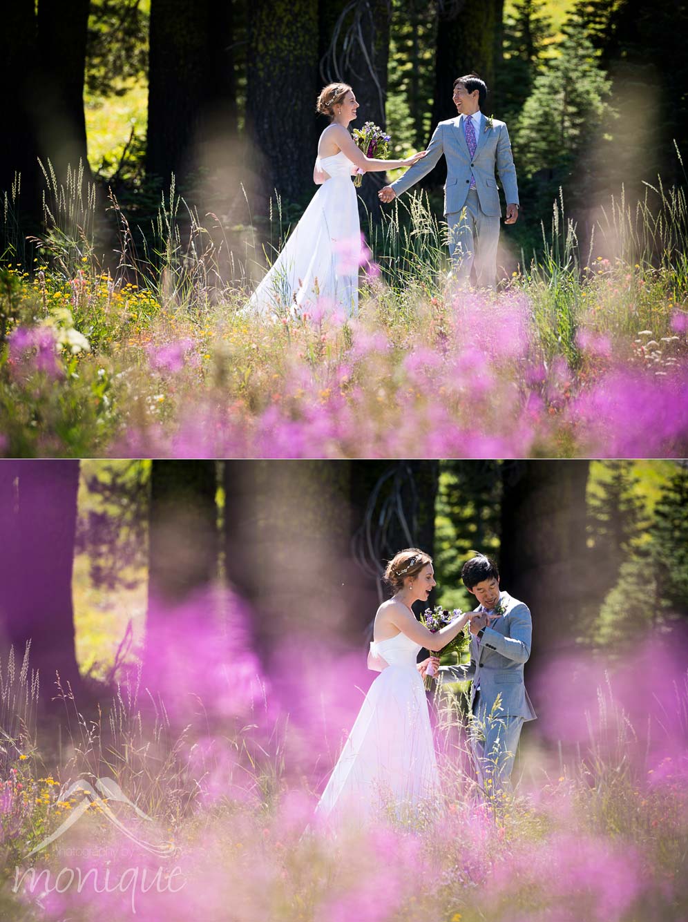 bride and groom first look in wildflowers at Sugar Bowl mountain resort