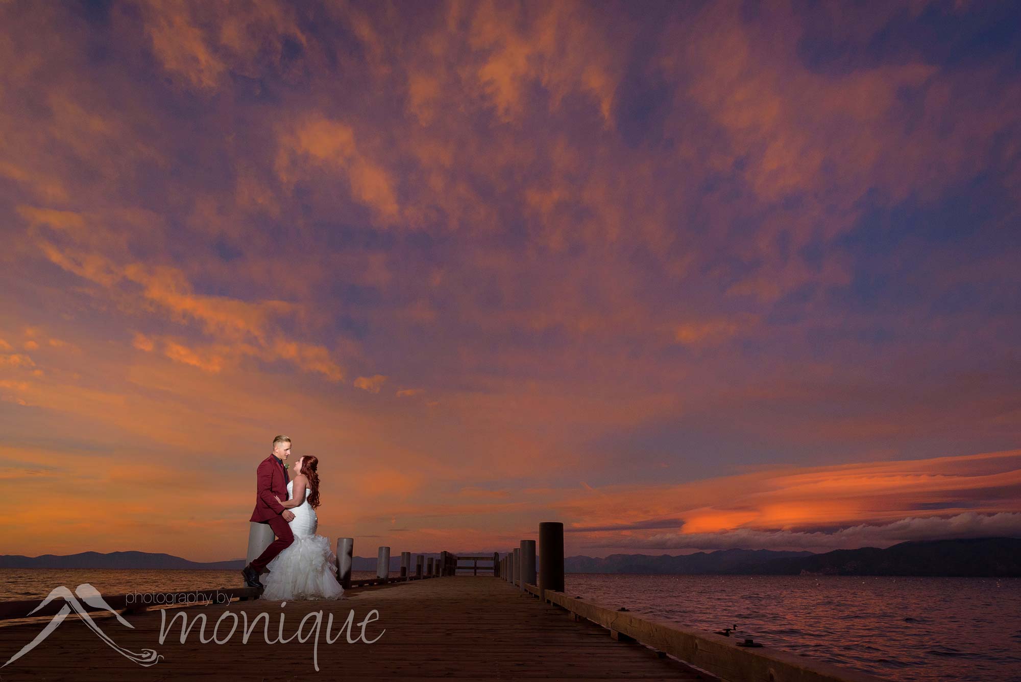 Valhalla Tahoe wedding photography with an amazing sunset on the pier by Photography by Monique 