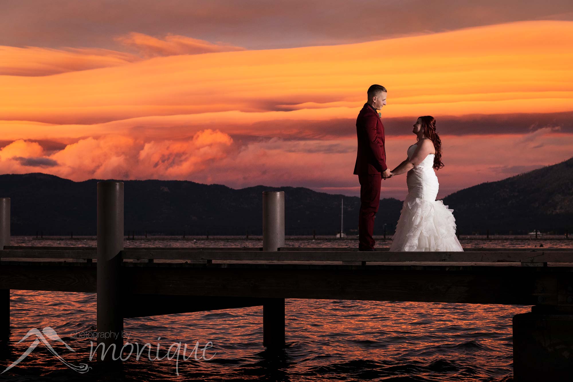 Valhalla Tahoe wedding photography with an amazing sunset on the pier 