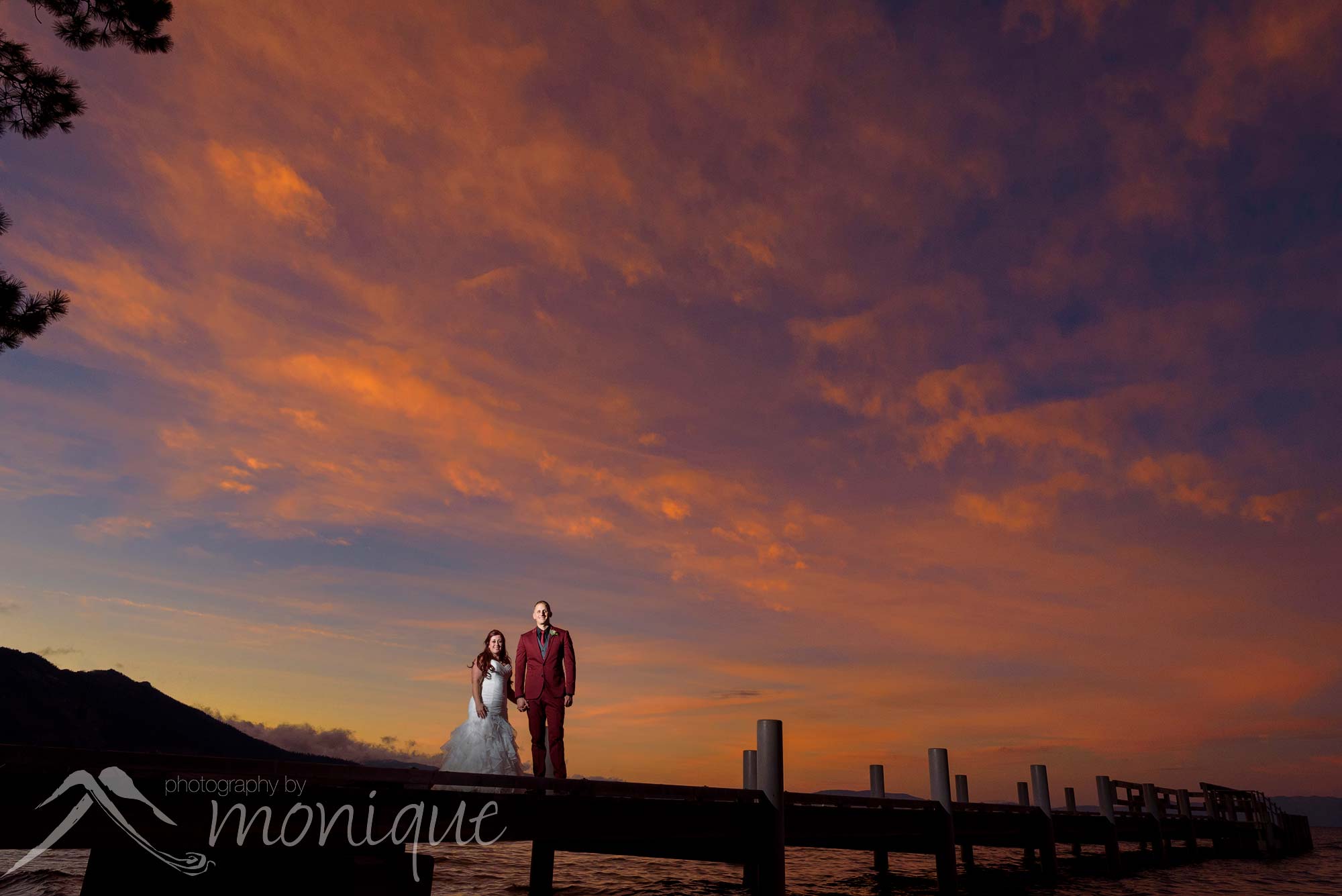 Valhalla Tahoe wedding photography with an amazing scenic pink sunset on the pier 