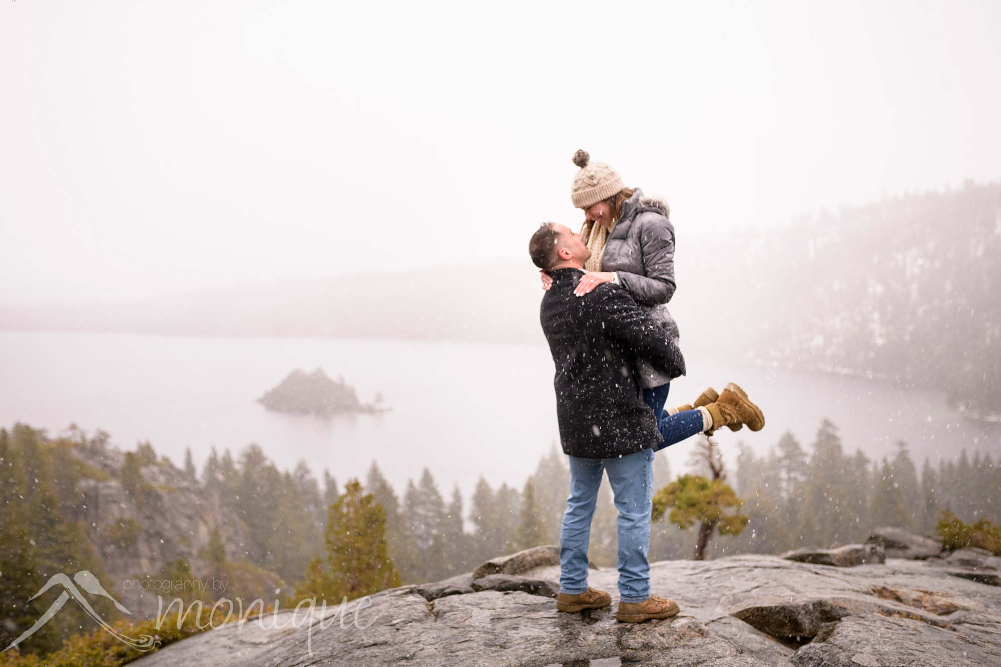 Lake Tahoe surprise proposal, winter engagement session at Emerald Bay