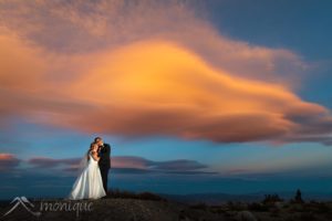 bride and groom photographed at sunset at winters creek lodge