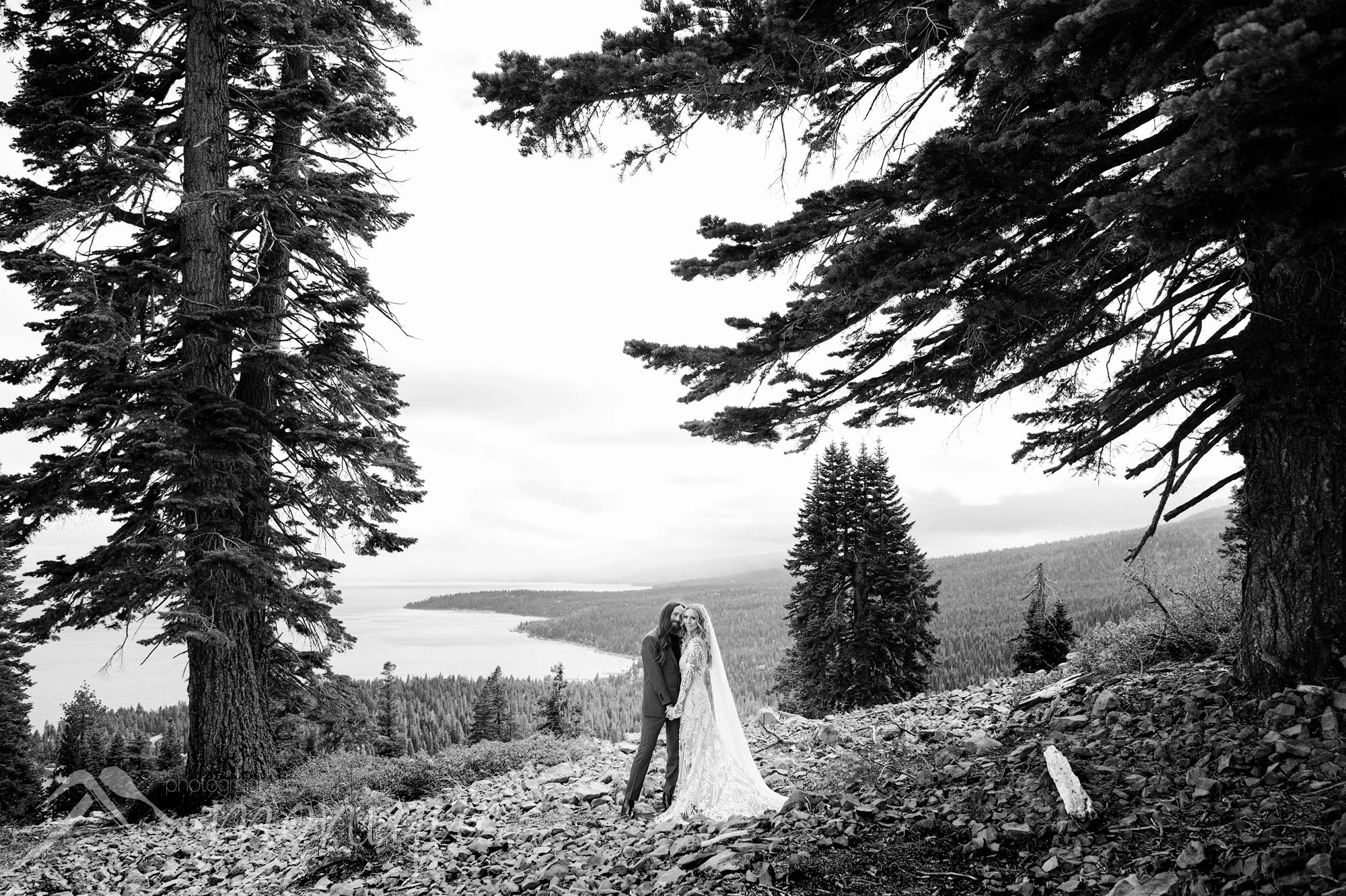 Lake Tahoe wedding photography, bride and groom portrait overlooking the lake, Photography by Monique