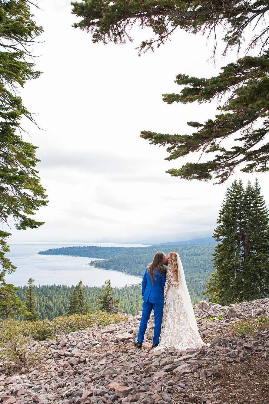 Lake Tahoe wedding photography, bride and groom portrait overlooking the lake, Photography by Monique