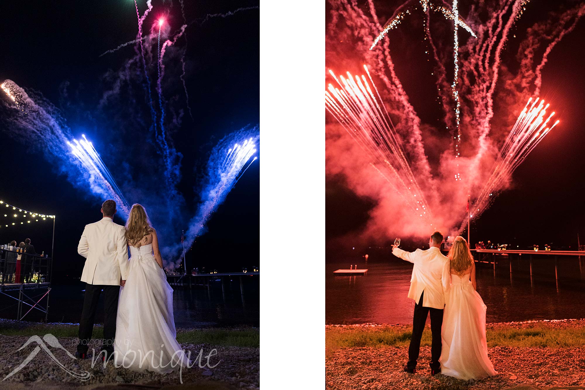 Lake Tahoe private estate wedding photography with the bride and groom Rachel and Bruce Taylor fireworks on the pier at sunset, Photography by Monique