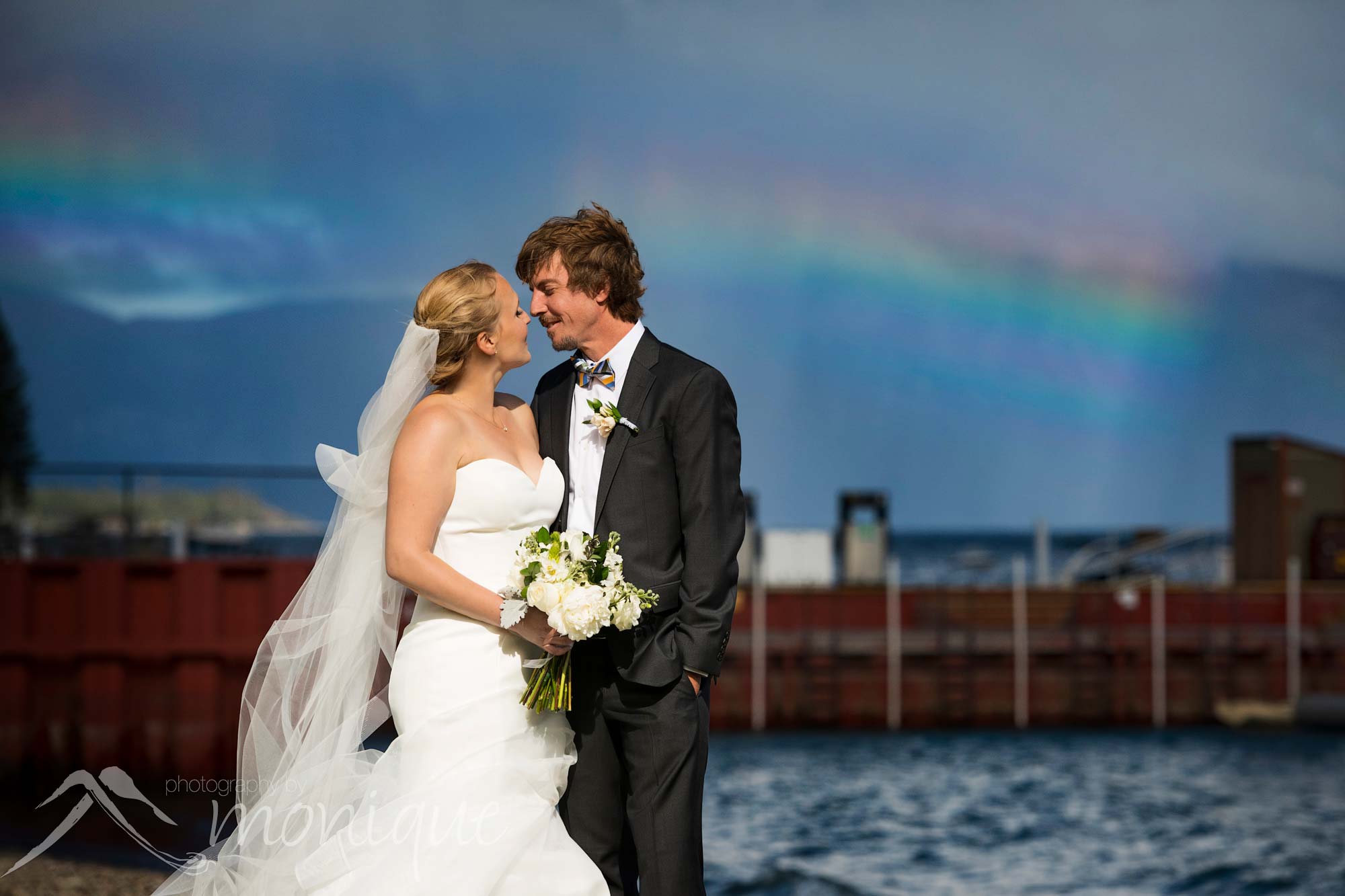 Gar Woods wedding photography, Lake Tahoe wedding, couple with a rainbow