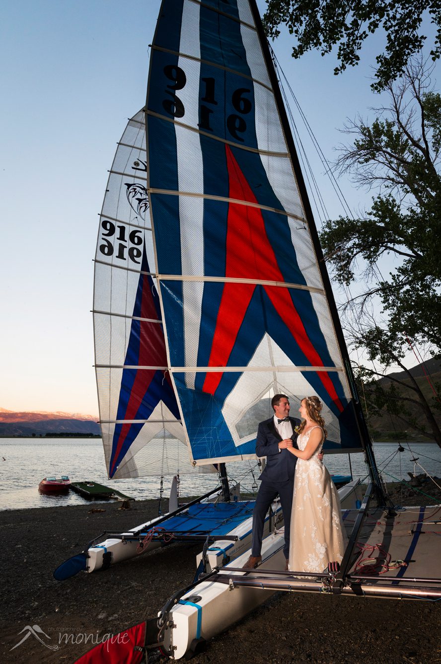 Topaz Resort wedding photography, Topaz Lake, DIY wedding, sailboat with bride and groom